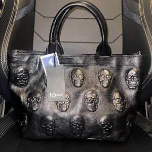 Io Pelle Italia Black Skull Embossed Leather Tote Bag